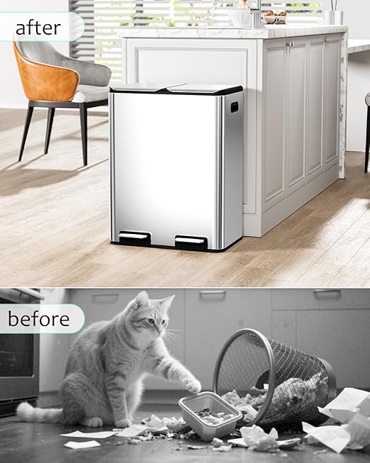 16 Gal (2 x 30 L) Dual Trash Can, Stainless Steel Kitchen Garbage Bin, Recycle Dustbin with Odor Control Box, Soft-Close Lid, Inner Buckets, Side Handle, Step Pedal, for Home Office