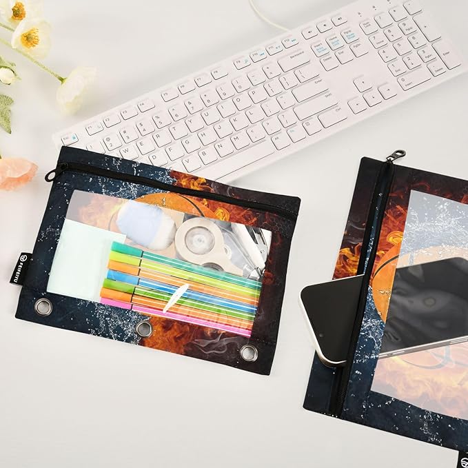 Basketball Ball Pencil Pouch for 3 Ring Binder, 2 Pack Waterproof Pencil Bags Clear Window Pencil Case Zipper School School Office Supplies
