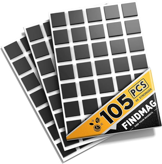 FINDMAG Magnetic Squares, Flexible Magnets with Adhesive Backing, 105Pcs Magnetic Tape for Crafts, Magnetic Strip for DIY Projects, Hanging & Organizing Light Objects (Each 20 x 20 x 2mm)