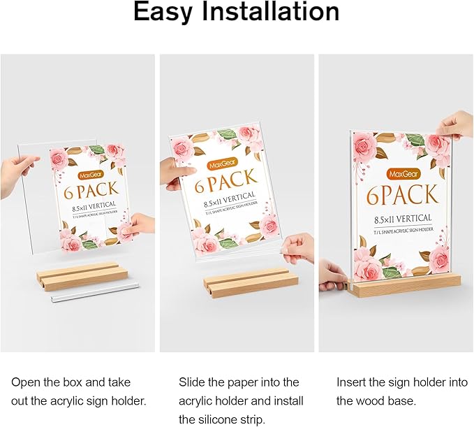 MaxGear L/T Shape Acrylic Sign Holder, 8.5 X 11 Clear Table Display Stand with Wooden Base, Flyer Menu Holder Photo Frames Paper Stand for Office, Wedding, Restaurants, Hotels 6 Pack