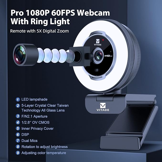 Zoomable Webcam with Remote Control, 1080P 60FPS Streaming with Ring Light and Microphone, Pro USB Webcam with 5X Digital Zoom and Privacy Cover for Zoom/Skype/Teams/PC/Laptop/Mac
