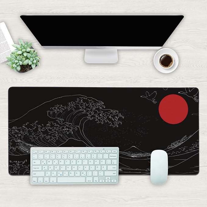 Desk Mat, Black Japanese Style Wave and Red Sun Extended Gaming Mouse Pad Large, 35.4"x15.7" Big Mouse Pad with Non-Slip Base and Stitched Edge, Long Computer Keyboard Mouse Mat for Home Office Work