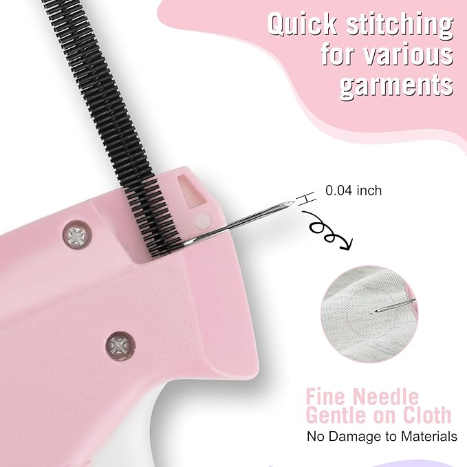 Stitch Gun for Clothes Quick Clothing Fixer & Tagging Gun with 6 Needles & 1000 Black+1000 White Fasteners, Handheld Sewing Tool for Instant Repairs, Quilting, Retail Price Tags No Thread Needed Pink