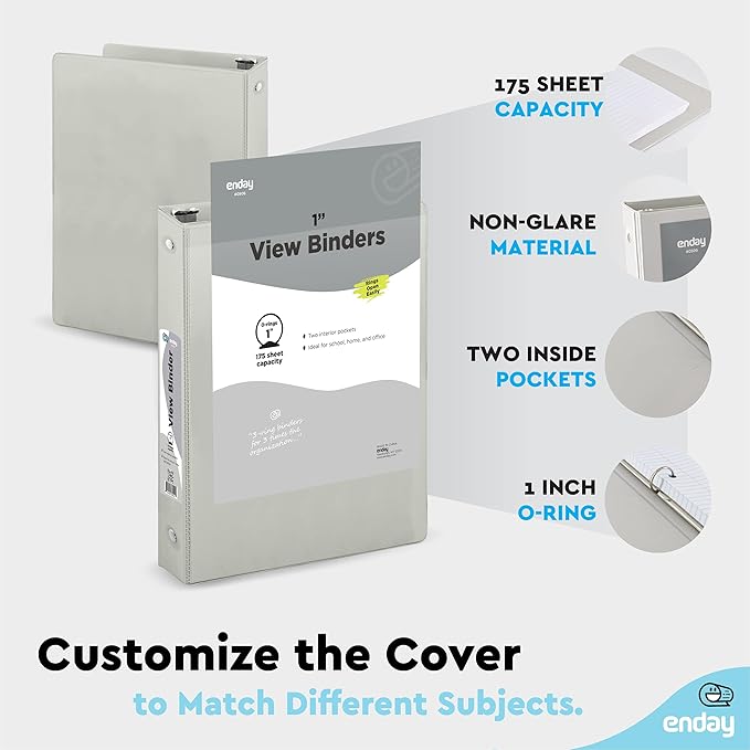 3 Ring Binder Grey, 1 Inch, 1” Clear View Cover with 2 Inside Pockets Round Ring Binder, Colored School Supplies Binders, Also Available in Pink, Blue, Purple, Green, and Red (6 PC) – by Enday