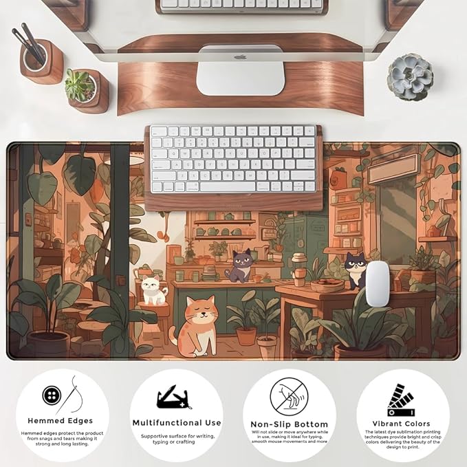 Rown Cute Cat & Puppy Mouse Pad - Green, Bonsai Aesthetic, XXL 31.5x15.7 in Desktop & Laptop Keyboard Pad for Office & Home