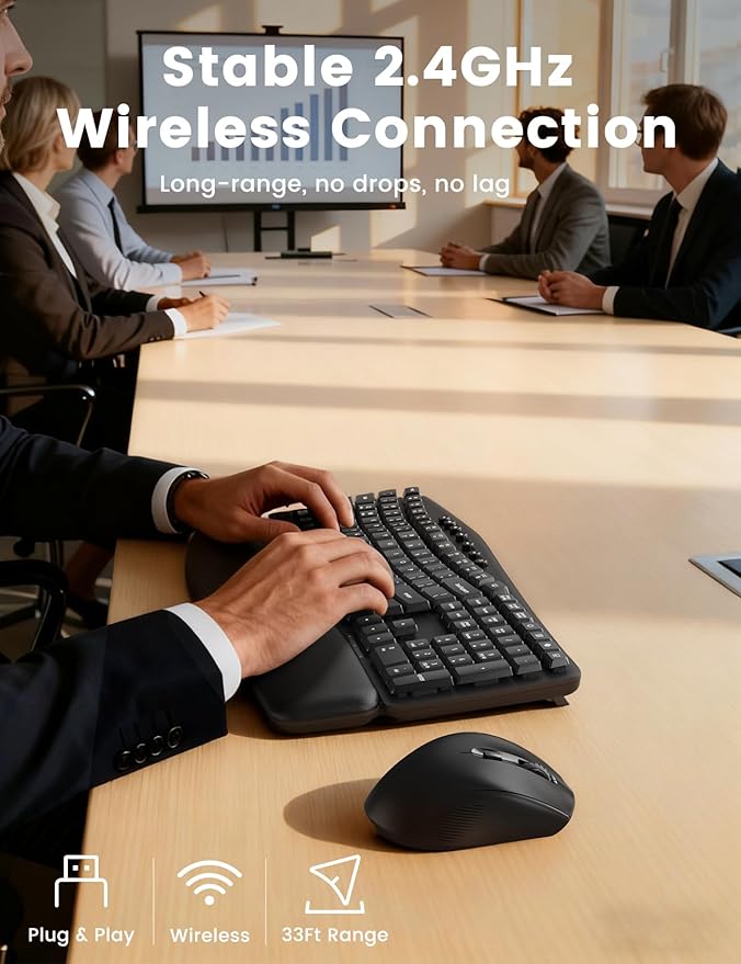 Quiet Wireless Keyboard and Mouse Combo, 30dB Silent Full-Size Ergonomic Keyboard Set with Wave Keys & Soft Palm Rest, Dual-System Switch for Windows/Mac, Ideal for Business Teams Home Office—Sablute