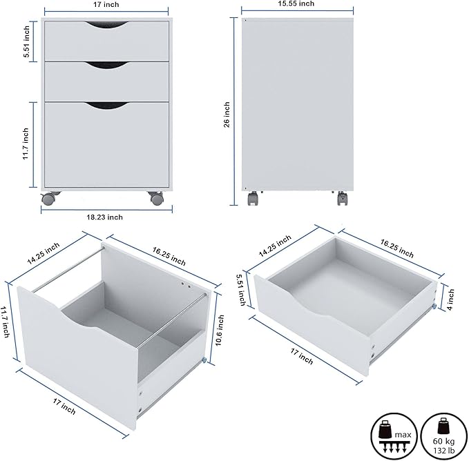 QDSSDECO 3 Drawer Mobile File Cabinet, Rolling Vertical Filing Cabinet fits A4, Legal Paper and Letter Paper for Home Office, White