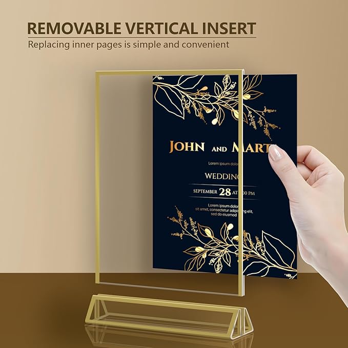 Acrylic Sign Holder 5x7 - Gold Acrylic Double-Sided Picture Frame Display Stand, Clear Table Tent Menu Holder & Plastic Paper Holder - Vendor Booth Display Items for Wedding Business Store Party