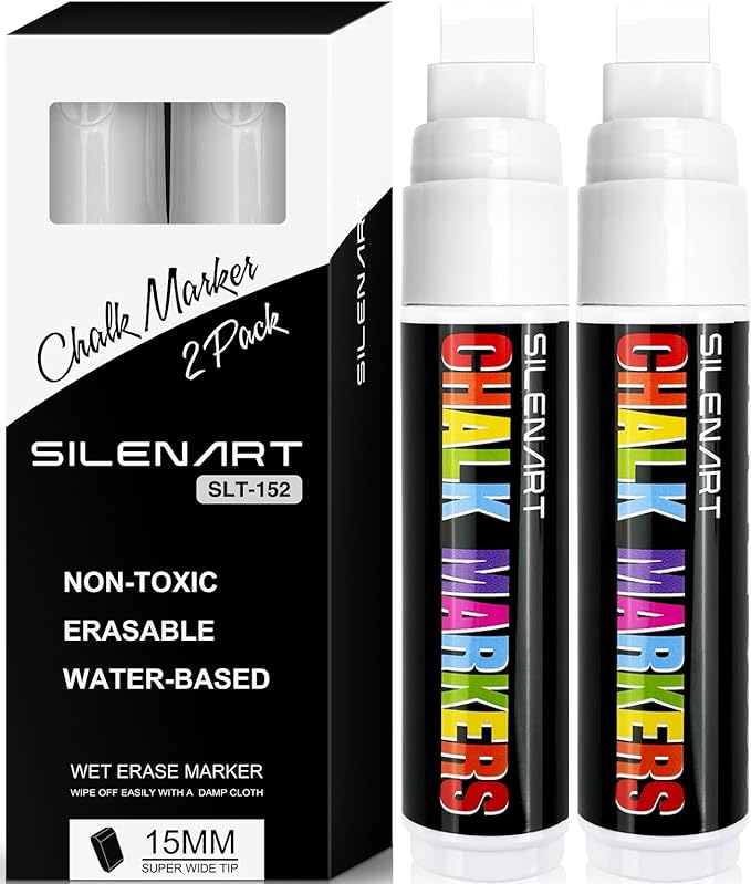 SILENART White Chalk Markers - 15mm Jumbo Tip Car Marker - Wide Thick Window Chalk Pen for Chalkboard, Window, Glass, Mirror, Blackboard