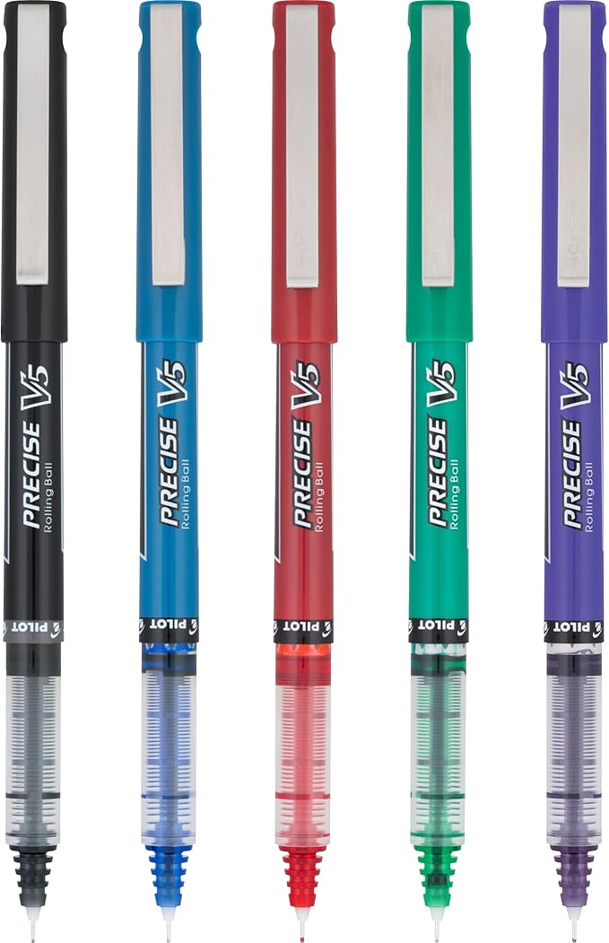 Pilot, Precise V5, Capped Liquid Ink Rolling Ball Pens, Extra Fine Point 0.5 mm, Assorted Colors, Pack of 5