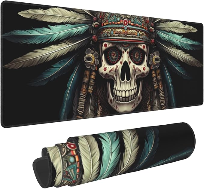 Cute Intricately Decorated Skull with Feather Headdress Pattern Mouse Pad 31.5 x 12 Inch, Non-Slip Rubber Base, Ergonomic Design for Pain Relief, Perfect for Computer Users