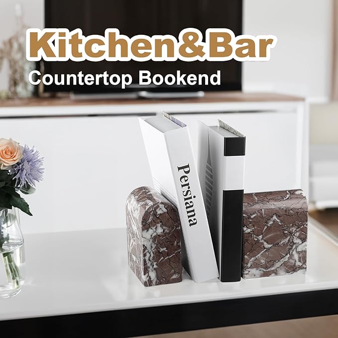 Koville Turkish Natural Marble Bookends for Shelves, Decorative Book Ends, 13lbs Heavy-Duty Marble Book Holders, Bookshelf Apartment Decor for Normal Books/CD/Video Games(Leopard)