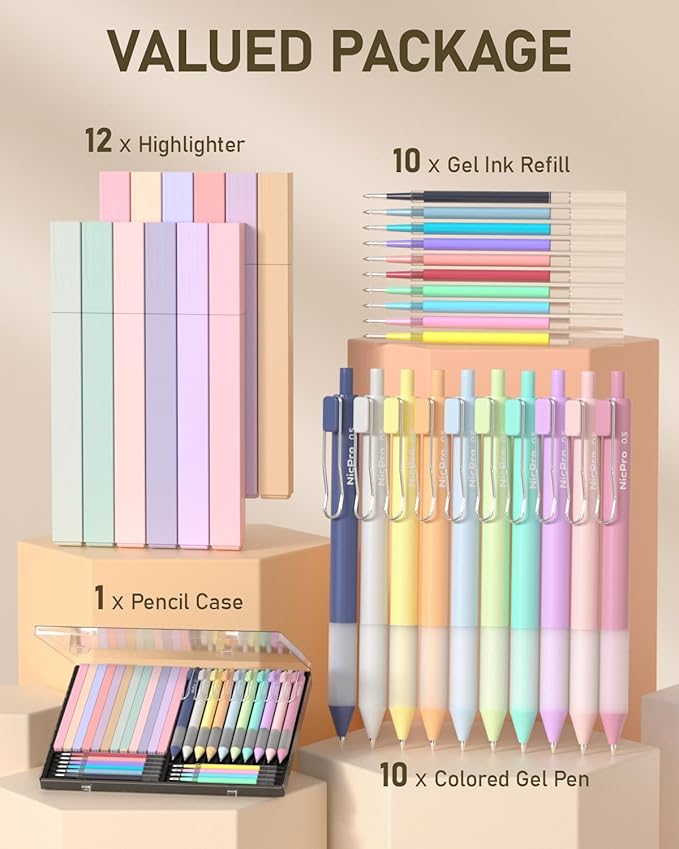 Nicpro 33PCS Aesthetic Highlighter and Gel Pen set with Case, 12 Bible Highlighters & Cute Pens Refills With Soft Ink & Tip, No Bleed Quick Dry for Bible Study Journaling Planner Notes School Supplies