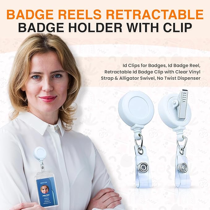 25 Pack Retractable Badge Reels with Clip, Retractable Id Badge Clip with Clear Vinyl Strap & Alligator Swivel, No Twist Dispenser (White)