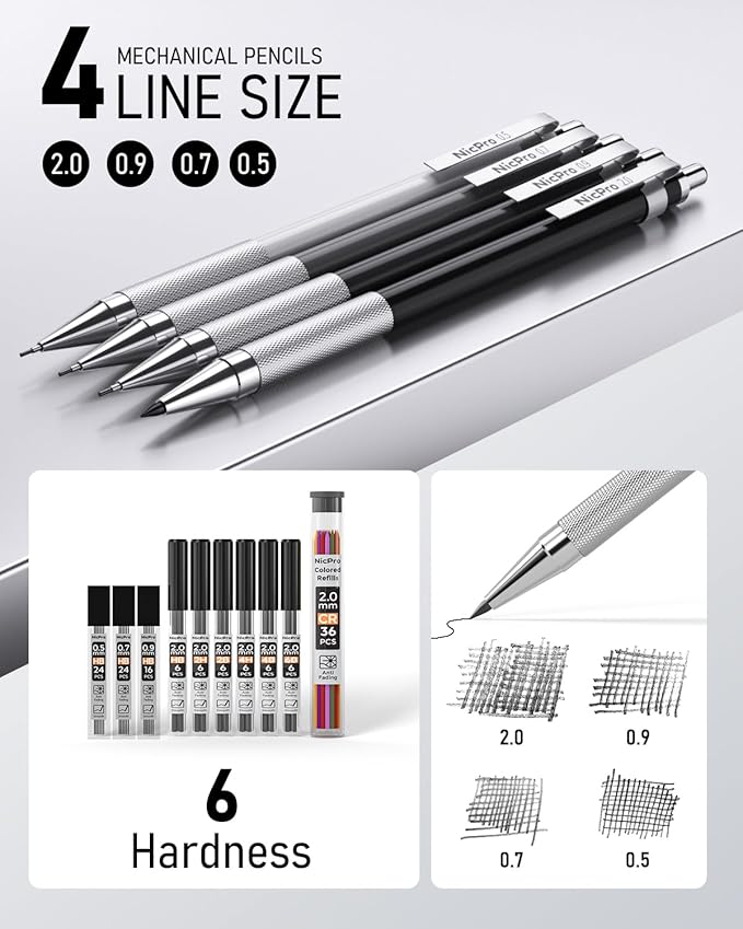 Nicpro 38PCS Art Mechanical Pencils Set in Leather Case, 3 PCS Metal Drafting Pencil 0.5, 0.7, 0.9 mm & 5 PCS 2mm Lead Holder (6B 4B 2B HB 2H 4H Colors) For Sketching Drawing With 20 Tube Lead Refills