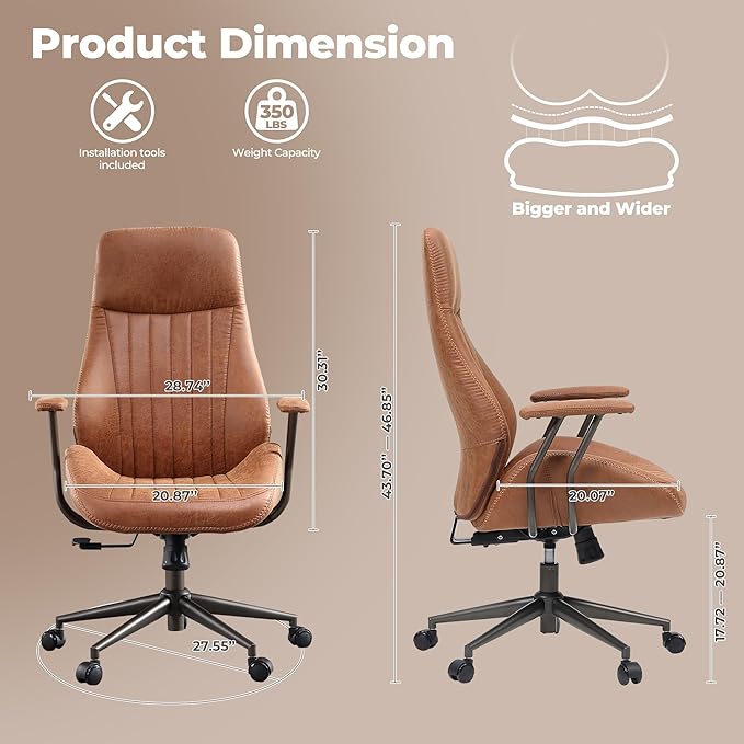 ovios Ergonomic Home Office Chair, Mid-Century Modern Faux Leather Chairs with Padded Armrests, Comfy High Back Swivel Rolling Executive Computer Armchair (Brown, Suede Leather)