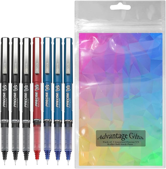 Precise V5 Stick Rolling Ball Pens, Extra Fine Point (.5mm), Assorted Colors Black/Blue/Red Ink, 7-pk; Bundle with Plastic Reusable Pouch