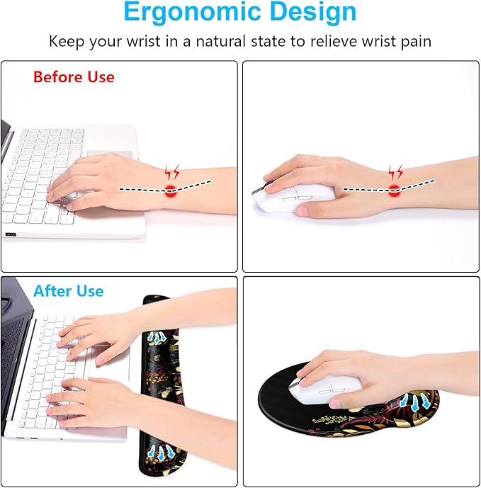 Dapesuom Keyboard Wrist Rest and Mouse Pad with Wrist Support, Cute Memory Foam Cushion for Keyboard and Mouse Set, Desktop Pad Rests with Non Slip Base for Easy Typing & Pain Relief, Floral Cartoon
