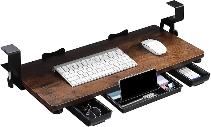 Keyboard Tray Under Desk with Drawer,26.77" X 11.81"Large Size Keyboard Tray with C Clamp-on Mount, Easy to Install, for Home Office (Mahogany)