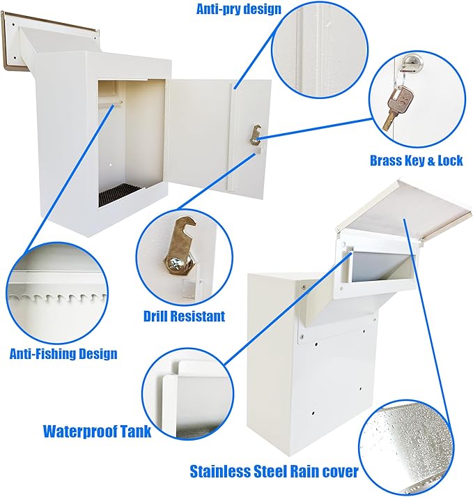 Through-The-Wall Drop Box with Rainproof Cover | Heavy Duty Through Wall Mailbox with 10-Inch Adjustable Chute | Rainproof Locking Drop Safe for Mail, Rent, Checks, Cash, and Keys, White