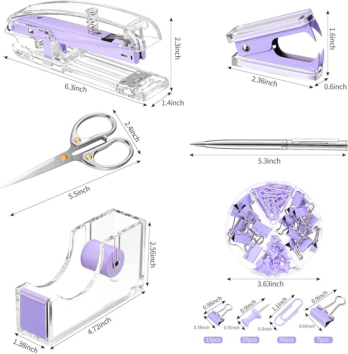 Office Supplies Set Desk Accessory Kit, Acrylic Stapler Set Staple Remover, Tape Dispenser, Binder Clips, Paper Clips, Ballpoint Pen and Scissor with 1000 Pieces 26/6 Staples (Purple)