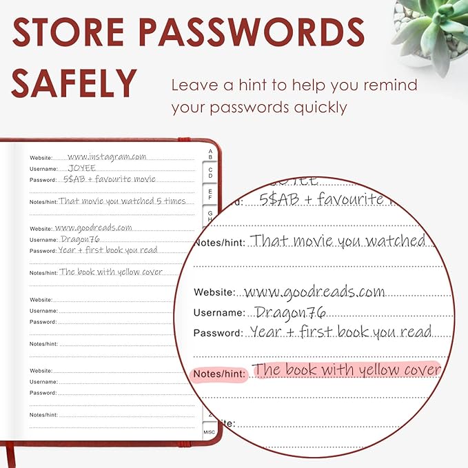 Elegant Password Book with Alphabetical Tabs - Hardcover Password Book for Internet Website Address Login - 5.2" x 7.6" Password Keeper and Organizer w/Notes Section & Back Pocket (Wine Red)