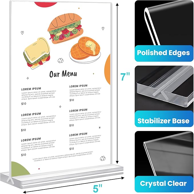 Acrylic Sign Holder 5x7, 11 Pack Clear TableTop Sign Holder-Sided, Plastic Flyer Display Holder with Vertical Base, Clear Flyer Stand Menu Table Display Holders for Restaurants Office Store Show Fair