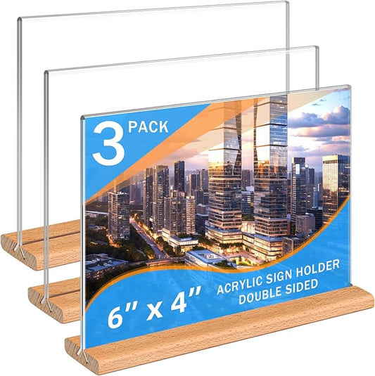 Kersally Acrylic Sign Holder 6 x 4, 3 Pack Double-Sided Clear Table Display Stands with Wood Base,Horizontal Acrylic Frame Menu Flyer Paper Holder for Store, Restaurant, Hotel, Office, Show Fair