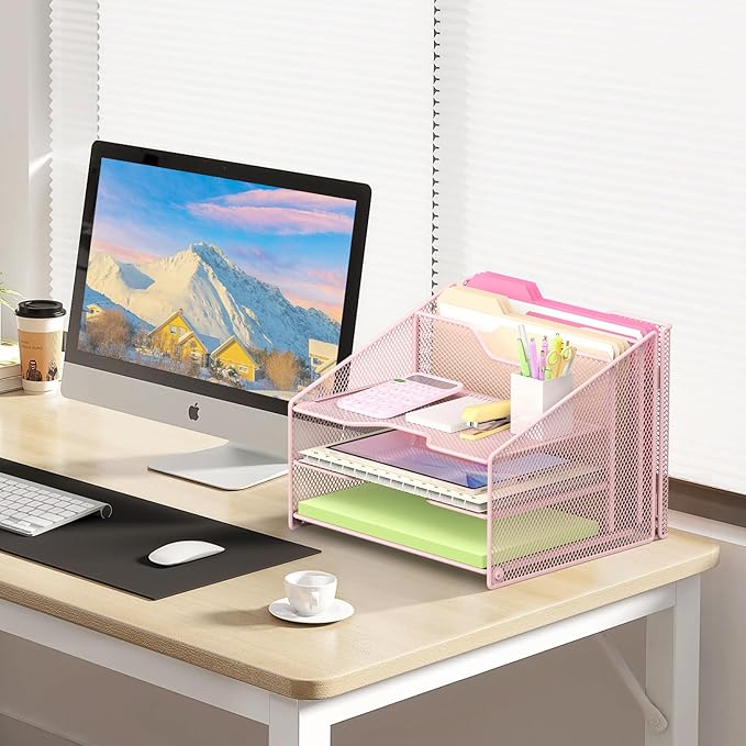 samstar Pink Desk File Organizer, Mesh Letter File Folder Holder with 3 Paper Trays and 2 Vertical Upright Section, for Office Supplies, Desk Accessories & Workspace, Pink