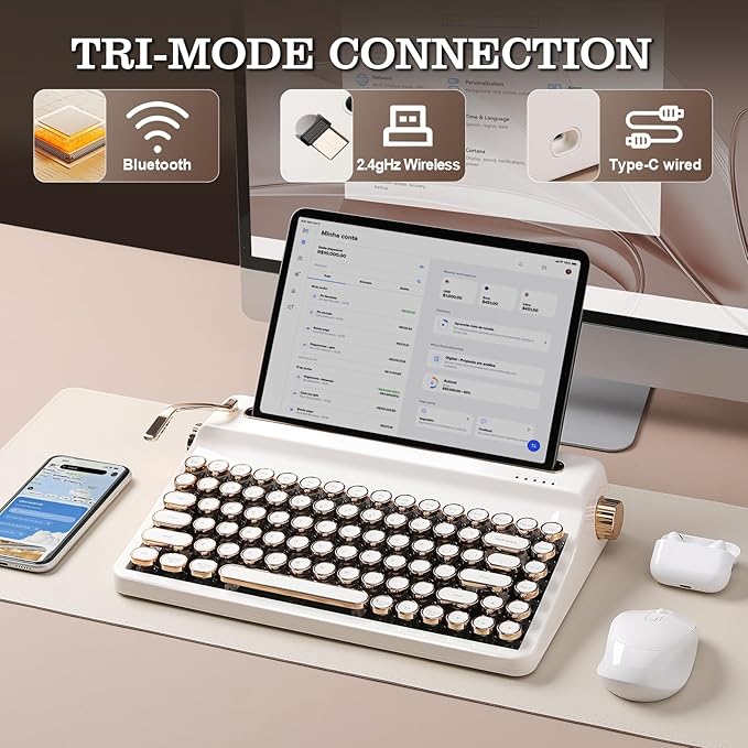YUNZII QL75 Wireless Typewriter Hot Swap Retro Mechanical Keyboard,Punk Round Keycaps,RGB Backlit QMK/VIA Programmable, Multi-Device Keyboard with 2.4GHz/Type-C/BT5.0 (White, Onyx Switch)