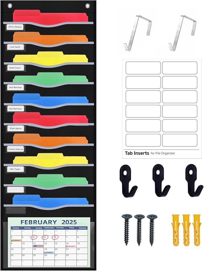 11 Pockets Hanging Wall File Organizer 15" Extra Wide Pocket Chart for Classroom, Office, Home, Mail Organizer Wall Mounted with 1 Writable Clear Pocket, 5 Wall/Door Hooks & 12 Labels (Black)