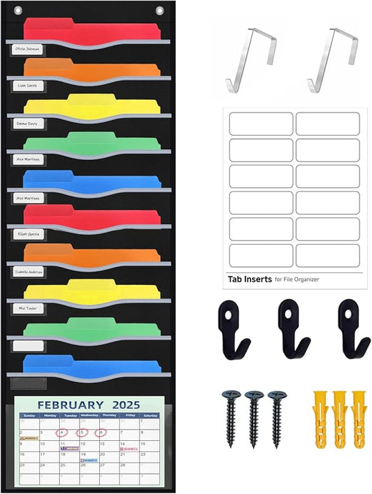 11 Pockets Hanging Wall File Organizer 15" Extra Wide Pocket Chart for Classroom, Office, Home, Mail Organizer Wall Mounted with 1 Writable Clear Pocket, 5 Wall/Door Hooks & 12 Labels (Black)