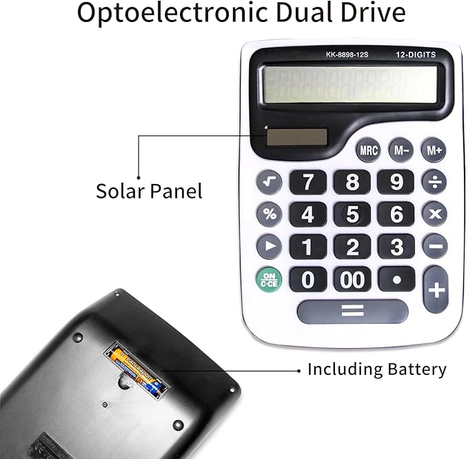 12 Digit Desktop Calculator with Large LCD Display and Sensitive Button, Dual Solar Power and Battery, Standard Function for Office (YE8898)