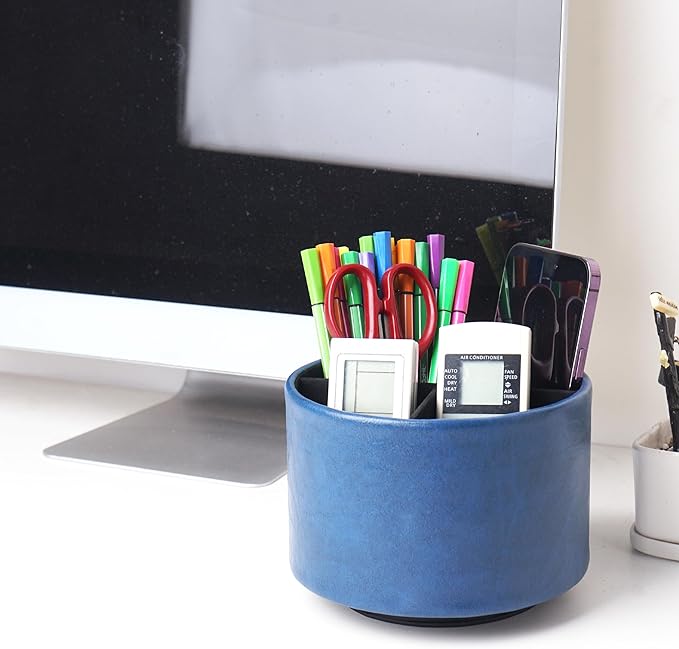 Hennaja Round Leather Art Supply Organizer,Remote Control Holder,360 Degree Spinning,Multi-Functional Pencil Holder,4 Compartments Desktop Stationary Organizer(1-Oil Blue2)