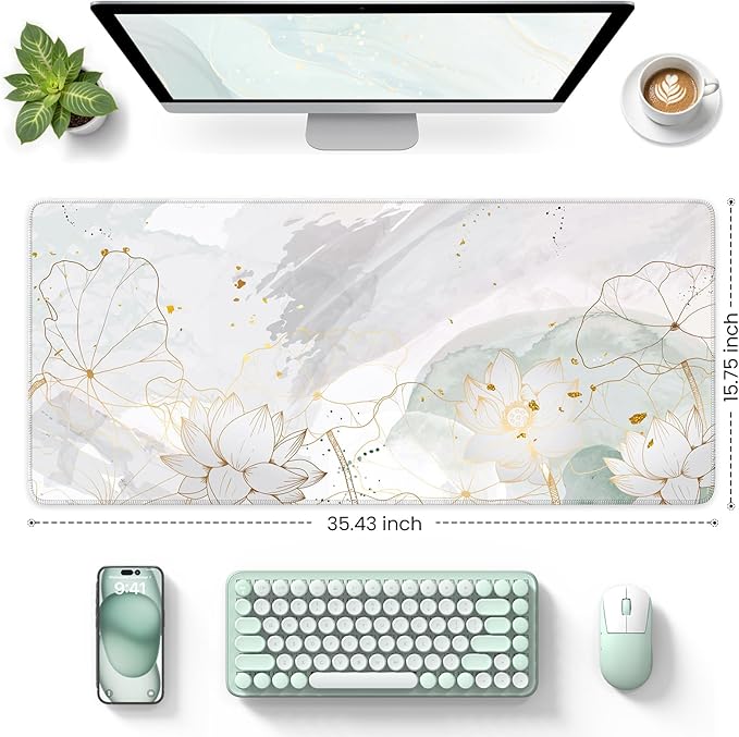 iCasso Desk Cover Mat, Extra Large Lotus Mouse Pad, Desk Pad Mat,Office Matt for Desktop Protector, Anti-Slip XXL Big Mousepad with Stitched Edges for Laptop Computer Keyboard(Green Lotus Leaf)