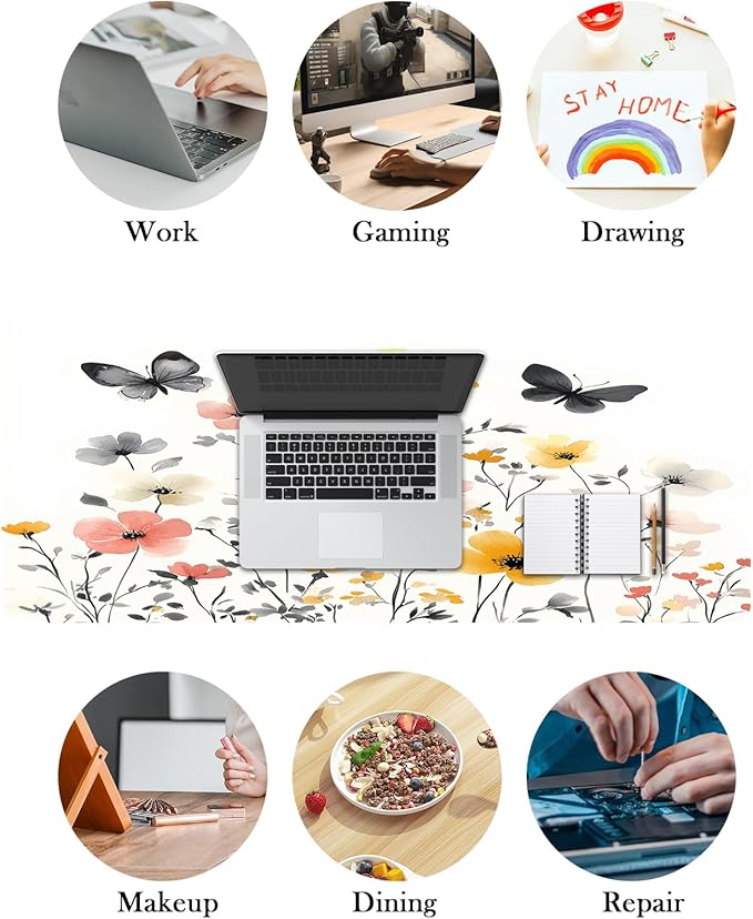 Mrcrypos Wildflowers Large Mouse Pad Butterfly Desk Mat for Desktop,Waterproof Desk Pad with Stitched Edges,Computer Keyboard Gaming Mouse Pads for Women Office Home 31.5" x 11.8"