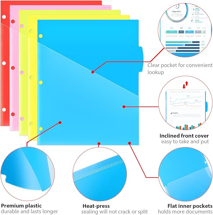 5 Tabs Plastic Dividers with 2 Clear Pockets - 6 Sets, Pocket Dividers for 3-Ring Binders, Multi-Color Binder Dividers, Total 30 Tabs