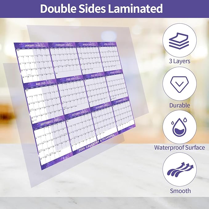 2026 Wall Calendar 24" x 36" Dry Erase Calendar for Wall from January 2026 to December 2026 12 Month Annual Large Yearly Wall Planner for Office School(Purple)