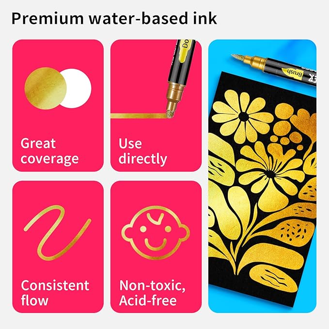 NAWOD 3 Gold Acrylic Paint Pens Markers, Dual Tip (Dot Tip + Brush Tip), for Rock Painting Fabric Canvas Glass Wood Ceramic Paper Eggs, Fabric Marker Ideal for Labeling DIY Crafts Art Projects