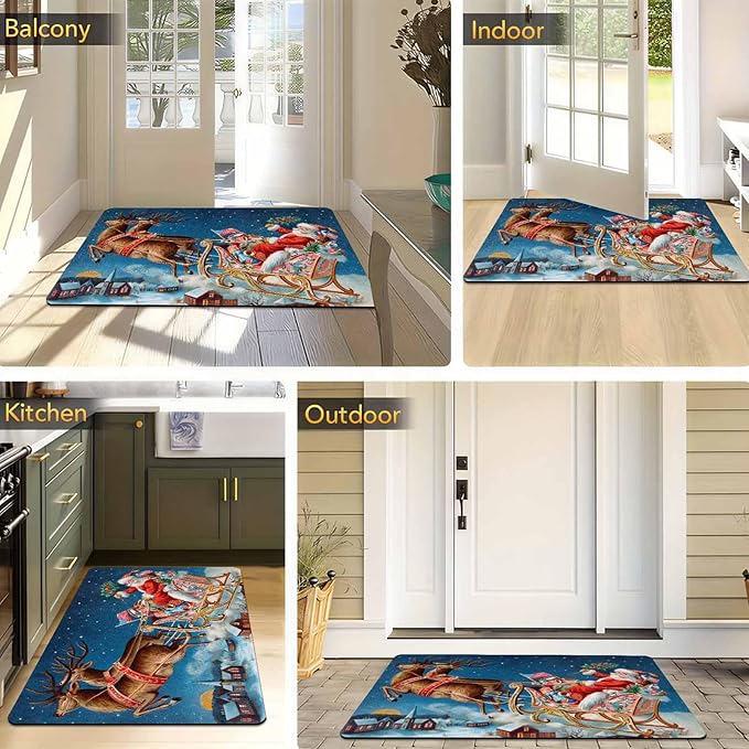 InterestPrint Christmas Reindeer Santa Claus Door Mat Indoor Outdoor, Non-Slip Rubber Christmas Doormat Inside Outside Entrance Welcome Floor Mat for Home Holiday Decor, 18" x 30"Inch