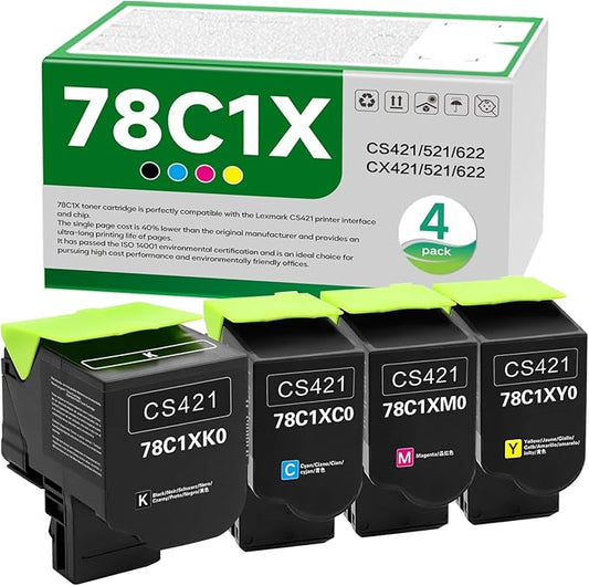 78C1XK0 78C1XC0 78C1XM0 78C1XY0 High Yield Toner Cartridge Replacement for Lexmark CS421 CS521 CS622 CX522 CX421 CX622 CX625 CS622de CS521dn CS421dn CX421adn CX522ade Printer （4 Pack）
