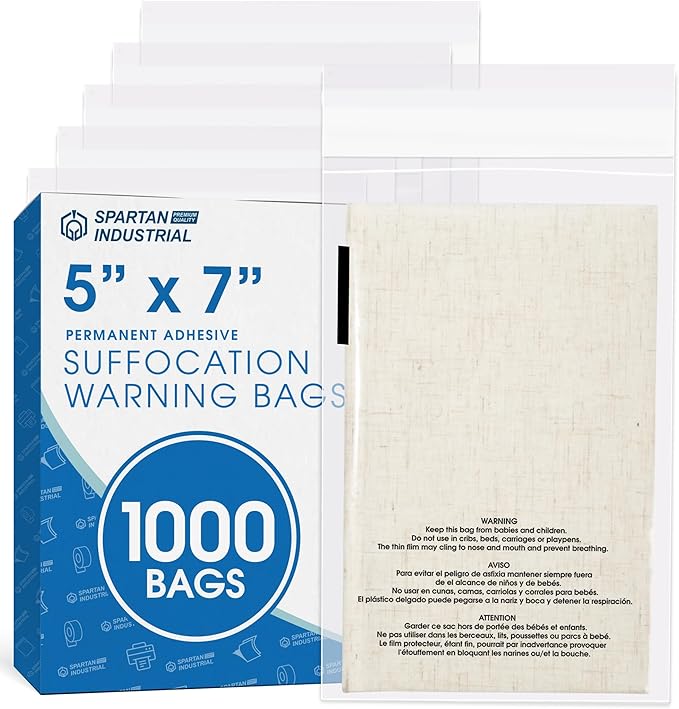 Spartan Industrial - 5” X 7” (1000 Count) Self Seal Clear Poly Bags with Suffocation Warning for Packaging, T Shirts - Permanent Adhesive