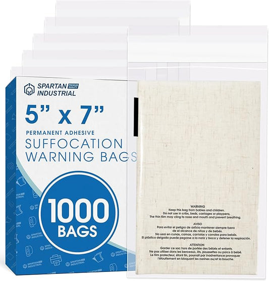 Spartan Industrial - 5” X 7” (1000 Count) Self Seal Clear Poly Bags with Suffocation Warning for Packaging, T Shirts - Permanent Adhesive