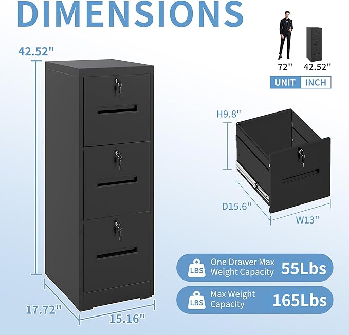 3 Drawer File Cabinet with 3 Locks, Metal Filing Cabinet Heavy Duty Vertical File Cabinets for Home Office, Steel File Storage Cabinets for Letter/Legal File Folders, Assembly Required (Black)