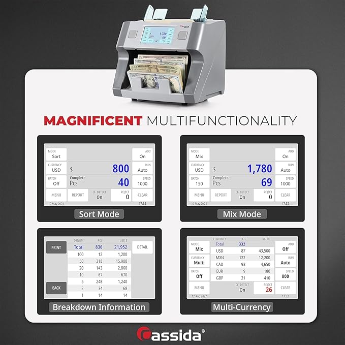 Cassida 8800R V2 USA Premium Bank-Grade Mixed Denomination Money Counter Machine, Advanced Counterfeit Detection, Multi-Currency, 3-Year Warranty, Includes External Display, Printing Enabled