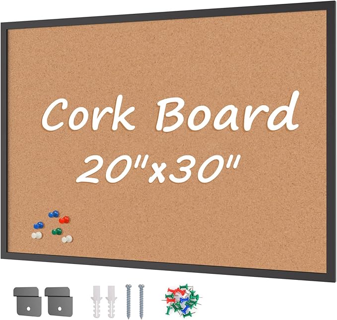 Board2by Cork Board Bulletin Board 20“ x 30”, Black Wood Framed Corkboard, Office Board for Wall Cork, Large Wall Mounted Notice Pin Board with 16 Push Pins for School, Home & Office
