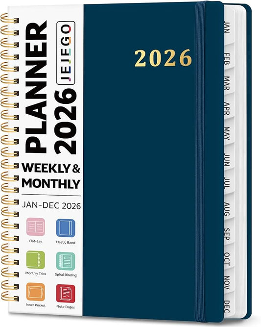 2026 Planner, Weekly and Monthly Calendar Planner Book, January 2026 - December 2026, Hardcover Spiral Planner with Monthly Tabs, Notes Pages, Perfect for Women & Men, A5 (6.4" x 8.5") - Navy