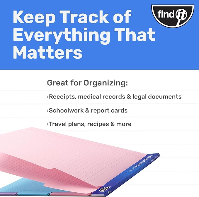 Find It File Folder Notepad - Pack of 36-9.5 x 12.5 Inch Notebook Organizer Folders for Filing, Document, and Clipboard Organization - Pastel
