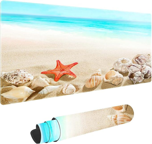 Beach and Starfish Customized Large Extended Gaming Mouse Pad with Stitched Edges and Non-Slip Rubber Base,Suitable for Office and Home Use,31.5x15.7 Inches