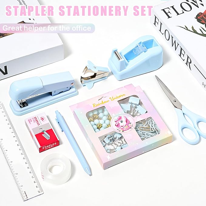 Desk Accessories with Pen Holder, Office Supplies Desk Organizers and Accessories, Tape Dispenser, Stapler, Staple Remover, Staples, Clips Set, Ruler, Scissor, Pen, Tape (Blue)